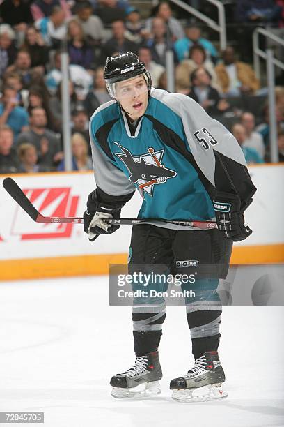 Joe Pavelski of the San Jose Sharks skates during a game against the Phoenix Coyotes on December 11, 2006 at the HP Pavilion in San Jose, California....