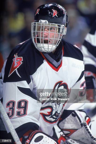 Dominik Hasek of the Buffalo Sabres looks on during the game against the Monteal Canadiens at the HSBC Arena in Buffalo, New York. The Sabres...