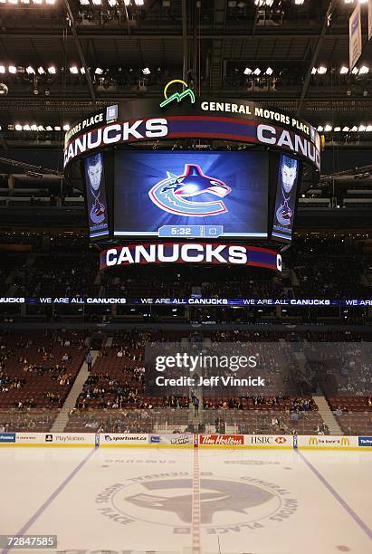 General view of the scoreboard prior to the NHL game between the Carolina Hurricanes and the Vancouver Canucks at General Motors Place on December 8,...