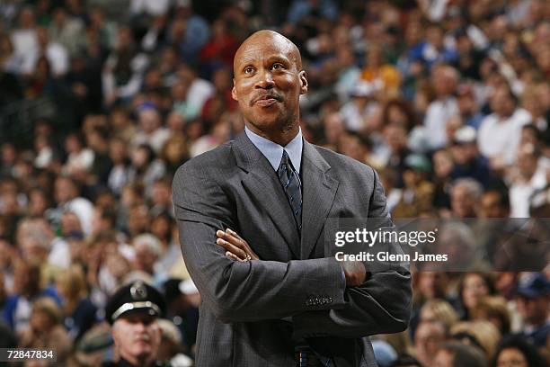 Head coach Byron Scott of the New Orleans/Oklahoma City Hornets reacts to play during the NBA game against the Dallas Mavericks on November 25, 2006...