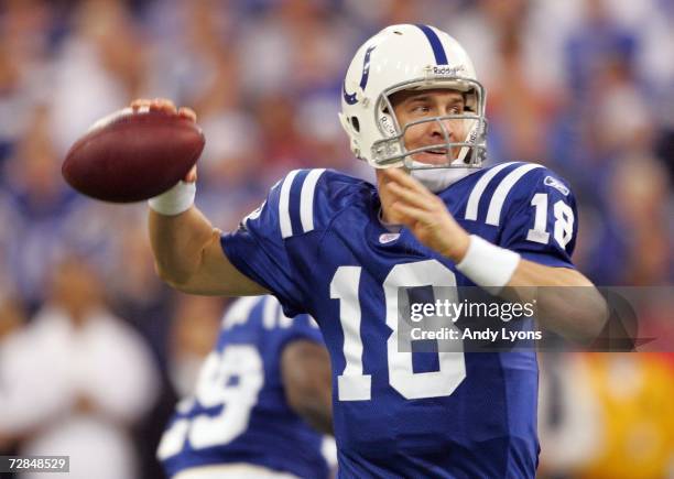 Peyton Manning of the Indianapolis Colts throws a pass against the Cincinnati Bengals during the NFL game at the RCA Dome December 18, 2006 in...