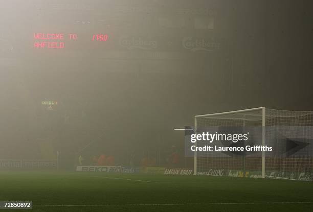 General view of Anfield shrouded in fog prior to the Carling Cup quarter final match between Liverpool and Arsenal at Anfield on December 19, 2006 in...