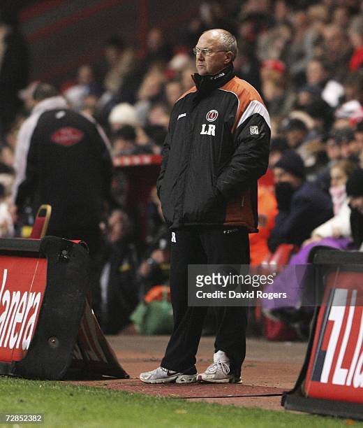 Les Reed the Charlton Athletic manager looks dejected as his side head to defeat the Carling Cup Quarter Final match between Charlton Athletic and...
