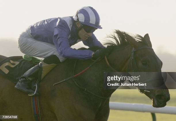 Richard Hughes and Basaata land The E.B.F. Pontin's Holidays Maiden Fillies Stakes Race run at Lingfield on December 20 2006, in Lingfield, England.