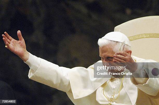 Pope Benedict XVI attends his weekly audience at the Paul VI Hall, December 20 in Vatican City. The pope called on Christians to defend the spirit of...