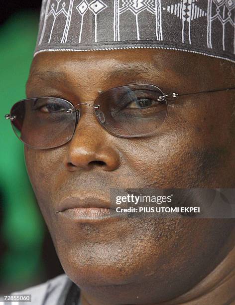 Nigerian Vice President Atiku Abubakar looks at the crowd 20 December 2006 in Tafawa Balewa Square in Lagos, where he came to seek the presidential...