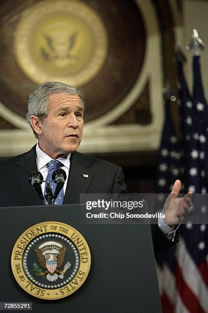 President George W. Bush speaks during a news conference in the Indian Treaty Room of the Eisenhower Executive Office Building December 20, 2006 in...