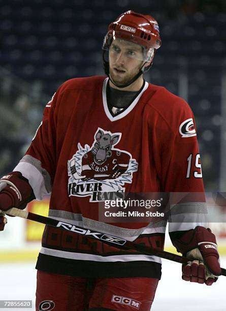 Matt Murley of the Albany River Rats looks on against the Bridgeport Sound Tigers at the Arena at Harbor Yard on November 26, 2006 in Bridgeport,...