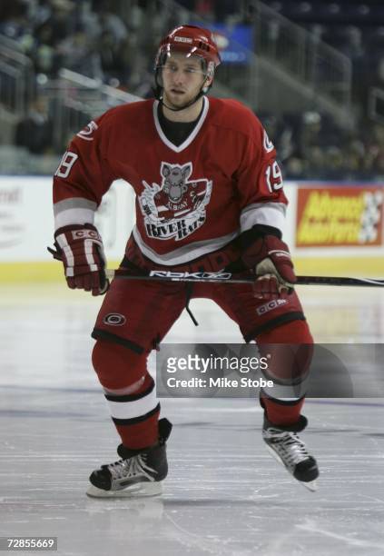 Matt Murley of the Albany River Rats skates against the Bridgeport Sound Tigers at the Arena at Harbor Yard on November 26, 2006 in Bridgeport,...