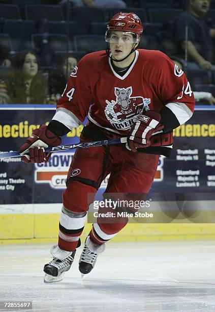 Brett Carson of the Albany River Rats skates against the Bridgeport Sound Tigers at the Arena at Harbor Yard on November 26, 2006 in Bridgeport,...