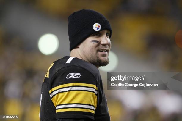 Quarterback Ben Roethlisberger of the Pittsburgh Steelers on the sideline during a game against the Tampa Bay Buccaneers at Heinz Field on December...