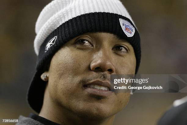 Injured wide receiver Hines Ward of the Pittsburgh Steelers on the sideline during a game against the Tampa Bay Buccaneers at Heinz Field on December...