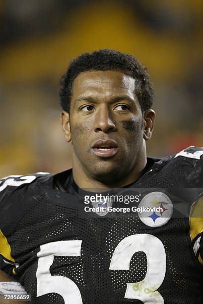 Linebacker Clark Haggans of the Pittsburgh Steelers on the field after a game against the Tampa Bay Buccaneers at Heinz Field on December 3, 2006 in...