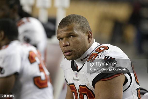 Defensive lineman Dewayne White of the Tampa Bay Buccaneers on the sideline during a game against the Pittsburgh Steelers at Heinz Field on December...