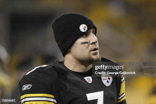 Quarterback Ben Roethlisberger of the Pittsburgh Steelers on the sideline during a game against the Tampa Bay Buccaneers at Heinz Field on December...