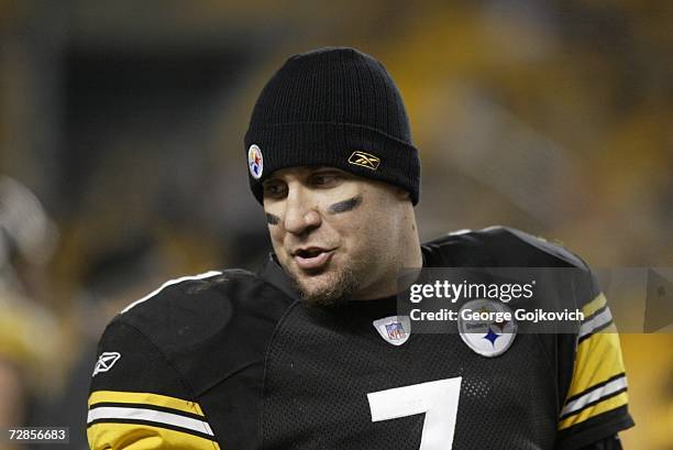 Quarterback Ben Roethlisberger of the Pittsburgh Steelers on the sideline during a game against the Tampa Bay Buccaneers at Heinz Field on December...