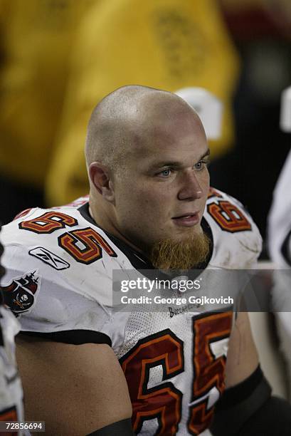 Offensive lineman Jeremy Trueblood of the Tampa Bay Buccaneers on the sideline during a game against the Pittsburgh Steelers at Heinz Field on...