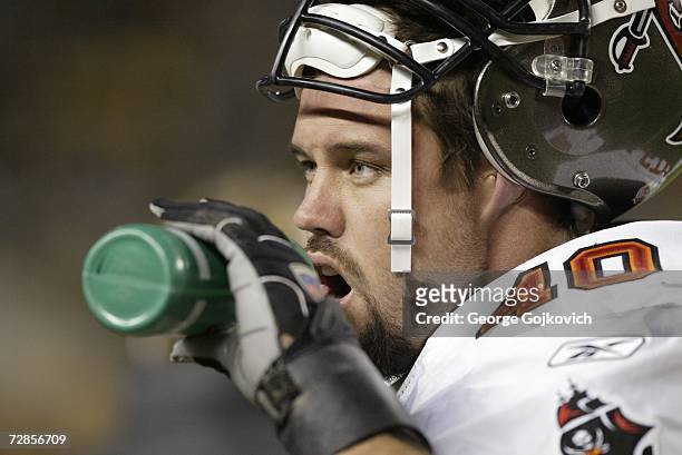 Running back Mike Alstott of the Tampa Bay Buccaneers takes a drink during a game against the Pittsburgh Steelers at Heinz Field on December 3, 2006...