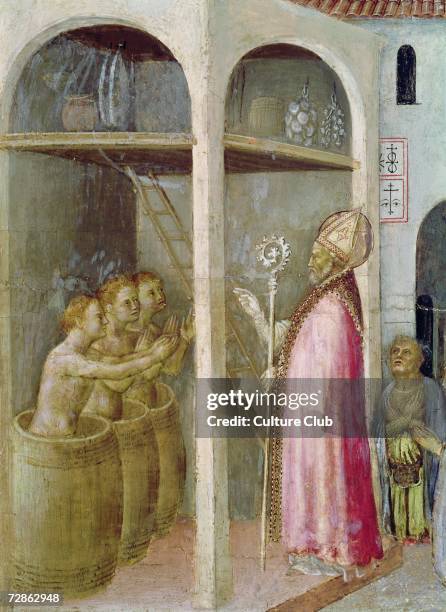 St. Nicholas Resuscitates the Three Children Thrown into Brine Tubs, detail from a predella panel of the Quaratesi Altarpiece, 1425