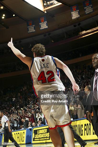 David Lee of the New York Knicks, reacts to scoring the winning basket in the 2nd overtime against the Charlotte Bobcats game on December 20, 2006 at...