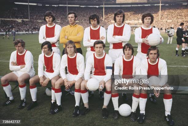 View of the Dutch football team Ajax posed together on the pitch prior to competing against Panathinaikos of Greece in the 1971 European Cup Final...