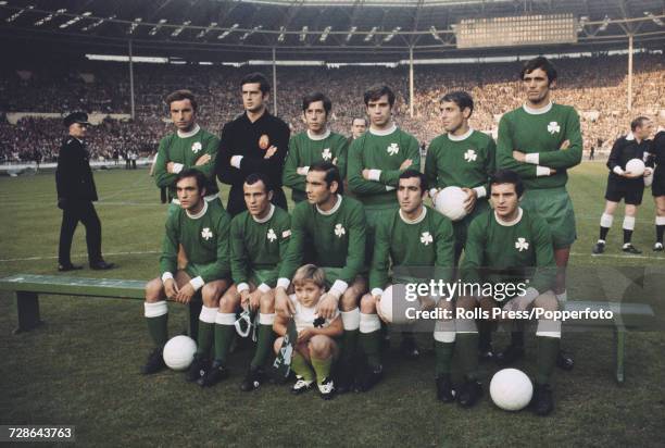 View of the Greek football team Panathinaikos posed together on the pitch prior to competing against Dutch team Ajax in the 1971 European Cup Final...