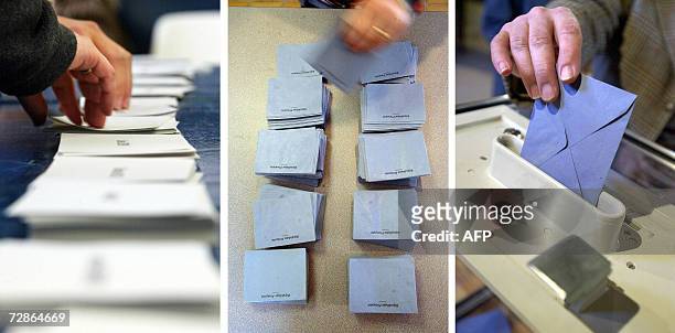 Combo of photos showing a person selecting ballots, another taking an envelope and a third casting his vote, in 2002 in France, during the last...
