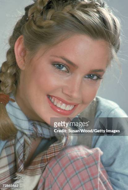 Close-up portrait of American fashion model Kelly Emberg, October 1978.