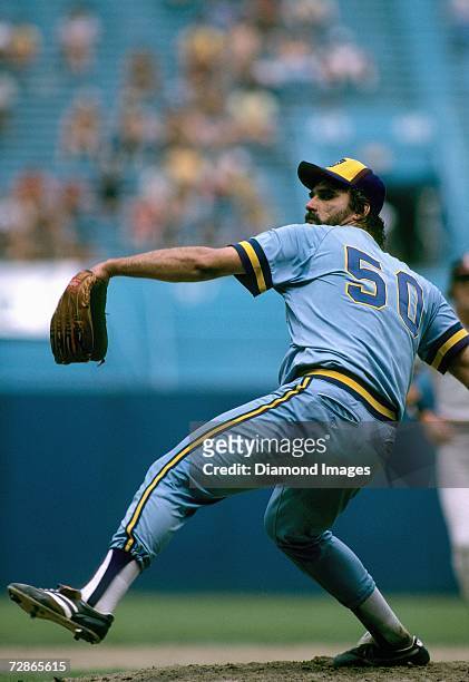 Pitcher Pete Vuckovich of the Milwaukee Brewers steps into a pitch during an August 1982 MLB game against the Cleveland Indians at Municipal Stadium...