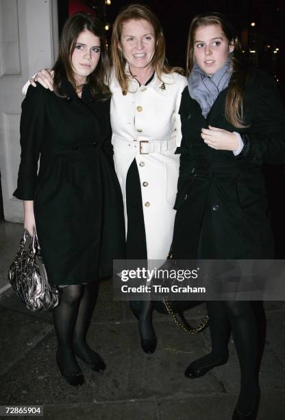 Sarah, the Duchess of York, and daughters Princess Beatrice and Princess Eugenie attend the Aldwych Theatre to see 'Dirty Dancing' on December 21,...