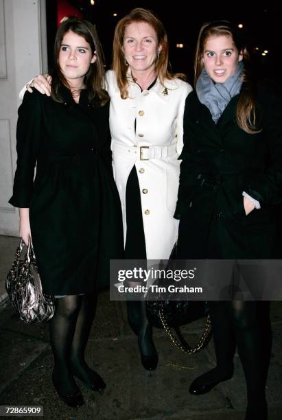 Sarah Ferguson,the Duchess of York with daughters Princess Beatrice and Princess Eugenie arrive at the Aldwych Theatre to see 'Dirty Dancing' on...