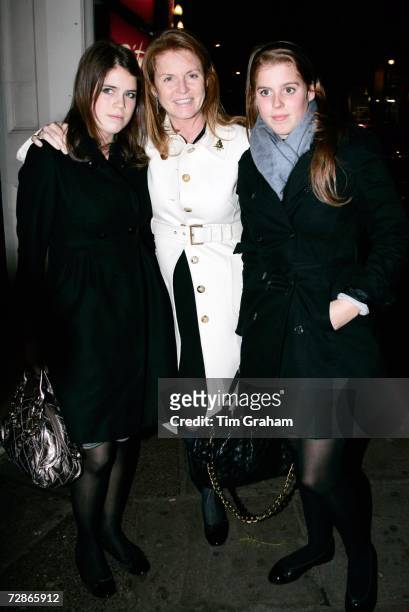 Sarah Ferguson,the Duchess of York with daughters Princess Beatrice and Princess Eugenie arrive at the Aldwych Theatre to see 'Dirty Dancing' on...