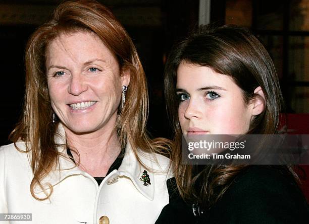 Sarah Ferguson, the Duchess of York arrives with daughter Princess Eugenie at the Aldwych Theatre to see 'Dirty Dancing' on December 21, 2006 in...