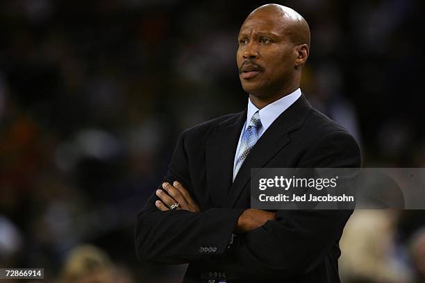 Head coach Byron Scott of the New Orleans/Oklahoma City Hornets looks on during a game against the Golden State Warriors at Oracle Arena on December...