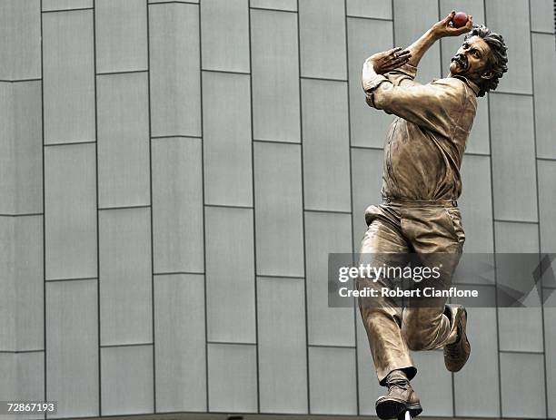 Bronze statue of former Australian cricketer Dennis Lillee is seen in front of the MCG as part of the Walk of the Champions at the Melbourne Cricket...