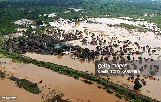 An aerial view shows a submerged village in Gaarsen, Tana River district, about 500 kilometres southwest of Nairobi, taken 22 December 2006 where a...