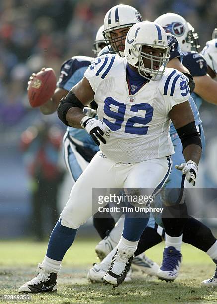Defensive tackle Anthony McFarland of the Indianapolis Colts defends against the Tennessee Titans at LP Field on December 03, 2006 in Nashville,...