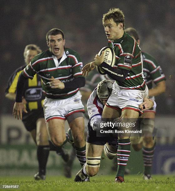 Leo Cullen of Leicester is tackled by Geraint Lewis of Bristol during the Guinness Premiership match between Leicester Tigers and Bristol at Welford...