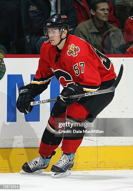 Tom Maki of the Calgary Flames skates against the Minnesota Wild during their NHL game at Pengrowth Saddledome in Calgary, Alberta, Canada. The...