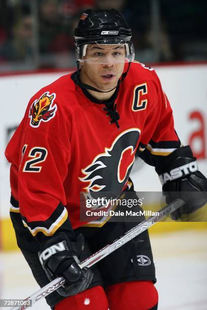 Jarome Iginla of the Calgary Flames skates against the Minnesota Wild during their NHL game at Pengrowth Saddledome in Calgary, Alberta, Canada. The...
