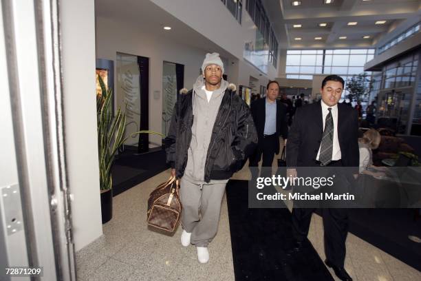 Allen Iverson of the Denver Nuggets arrives in Denver before the game against the Sacramento Kings on December 22, 2006 at the Pepsi Center in...