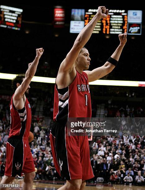 Anthony Parker of the Toronto Raptors celebrates a 101-100 overtime victory over the Portland Trail Blazers on December 22, 2006 at the Rose Garden...