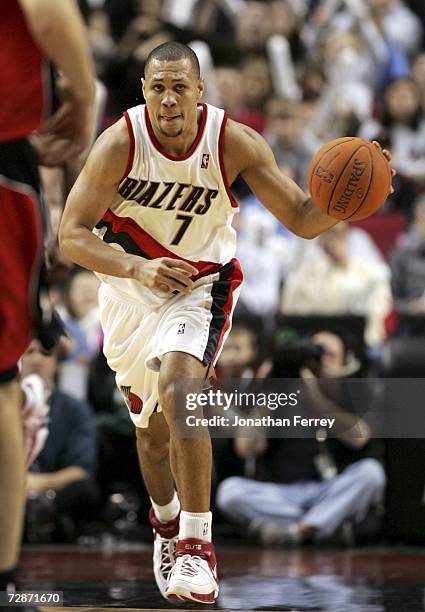 Brandon Roy of the Portland Trail Blazers dribbles the ball upcourt against the Toronto Raptors on December 22, 2006 at the Rose Garden Arena in...