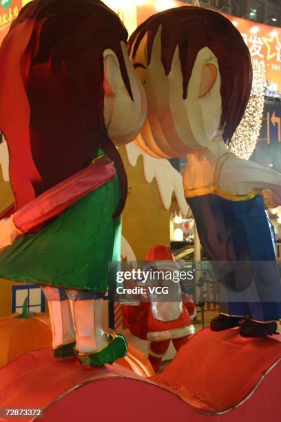 Cartoon decoration for upcoming Christmas debuts outside a shopping mall on December 22, 2006 in Nanjing, Jiangsu Province, China. While Christmas...