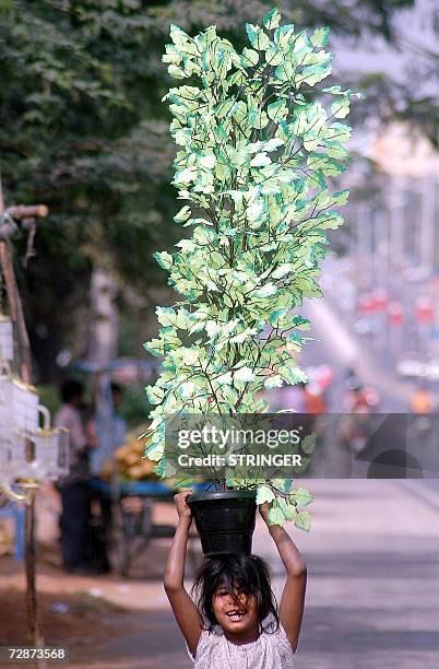 An Indian girl carries an artificial plastic plant on her head as she looks for customers in Hyderabad 24 December 2006. Christmas turns to be a good...