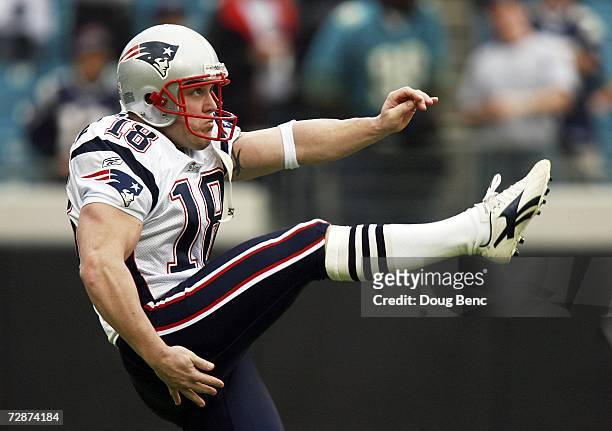 Punter Todd Sauerbrun of the New England Patriots goes through warm-ups prior to taking on the Jacksonville Jaguars on December 24, 2006 at Alltel...