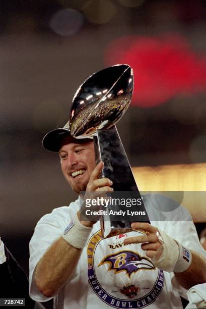 Trent Dilfer of the Baltimore Ravens hold the Lombardi Trophy after the Super Bowl XXXV Game against the New York Giants at the Raymond James Stadium...