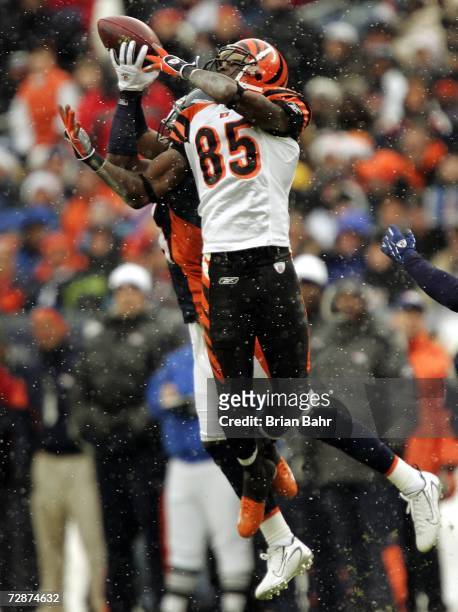 Cornerback Champ Bailey of the Denver Broncos intercepts a pass intended for wide receiver Chad Johnson of the Cincinnati Bengals on December 24,...