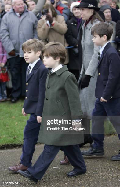 Royal cousins Charles Armstrong-Jones , Samuel Chatto and Arthur Chatto with their mother Lady Sarah Chatto, walk to a Christmas Day service at...