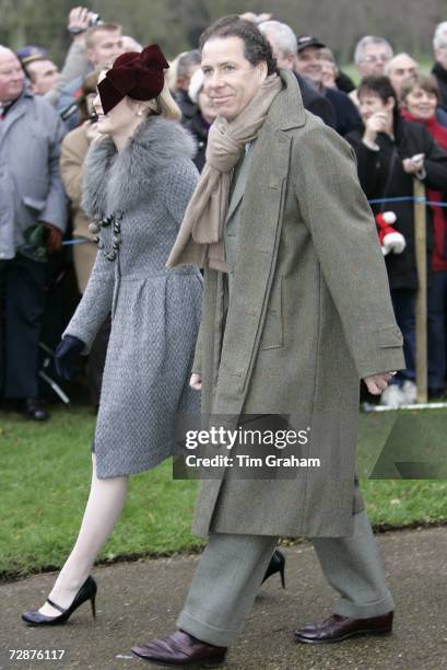 David, Viscount Linley and his wife Serena, Viscountess Linley attend Christmas Day service at Sandringham Church in winter coats on December 25,...